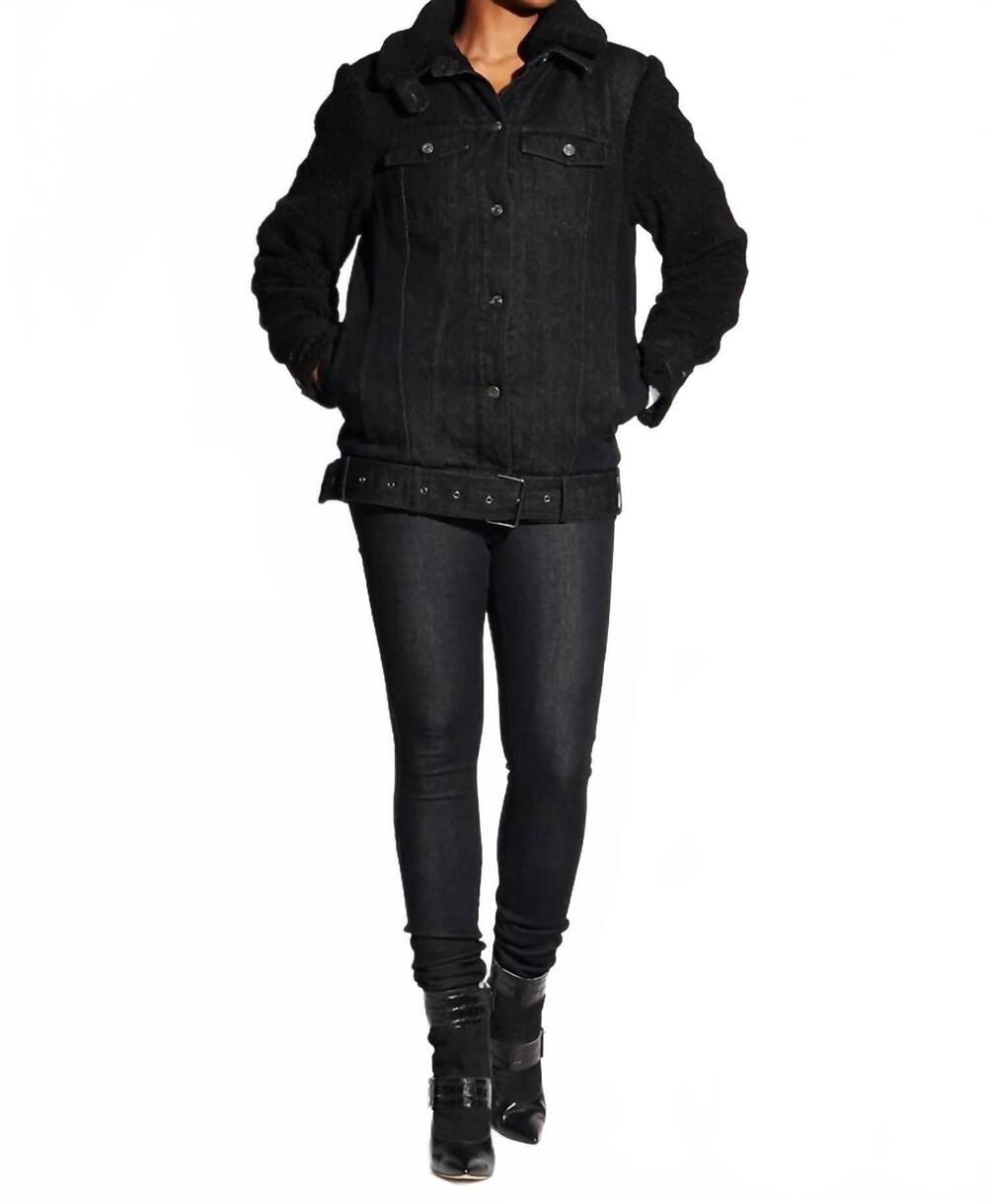 NEW CIRCULAR PATH teddy denim moto jacket in black/gunmetal